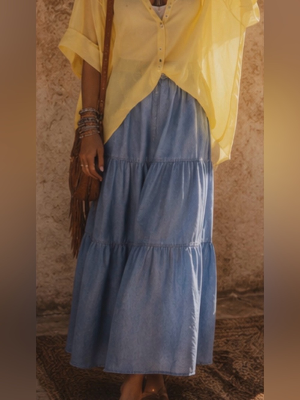 Tiered Chambray Medium Blue Midi Skirt - Picture 6 of 16